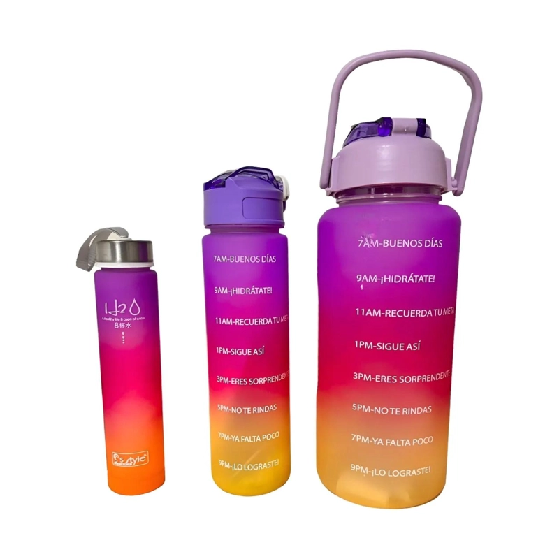 PACK 3 BOTELLAS AGUA PORTATIL MOTIVACION 2000 800 300 ML MORADO - 1