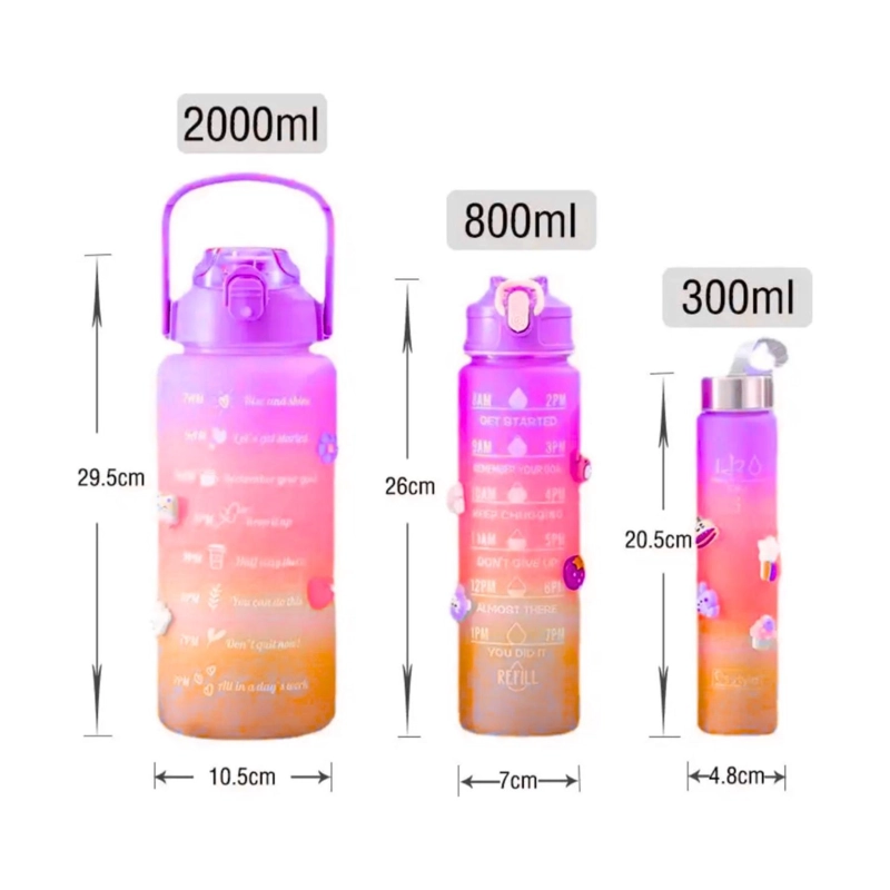 PACK 3 BOTELLAS AGUA PORTATIL MOTIVACION 2000 800 300 ML MORADO - 2