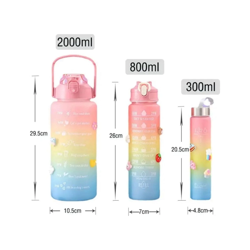 PACK 3 BOTELLAS AGUA PORTATIL MOTIVACION 2000 800 300 ML ROSA - 2