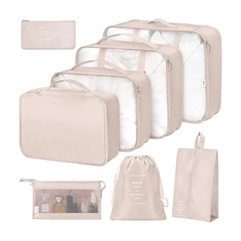 SET 8 EN 1 BOLSOS ORGANIZADOR VIAJE MALETA BEIGE - 1