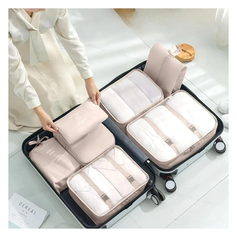 SET 8 EN 1 BOLSOS ORGANIZADOR VIAJE MALETA BEIGE - 3