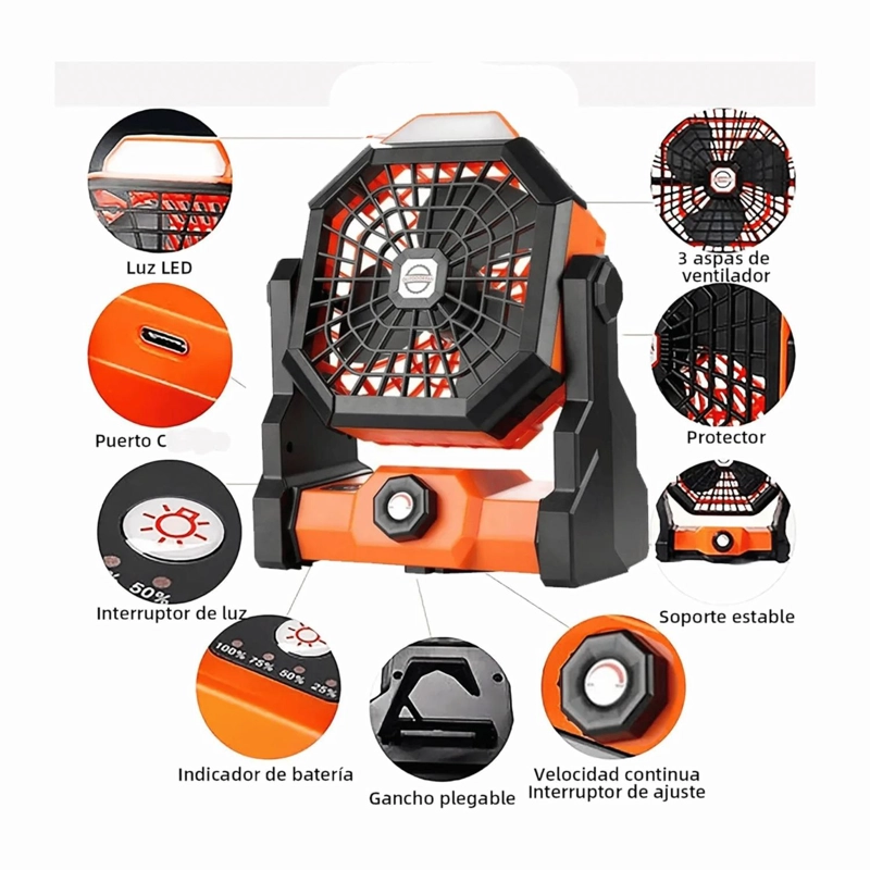 VENTILADOR PORTATIL CAMPING RECARGABLE 5 WATT NARANJA - 4
