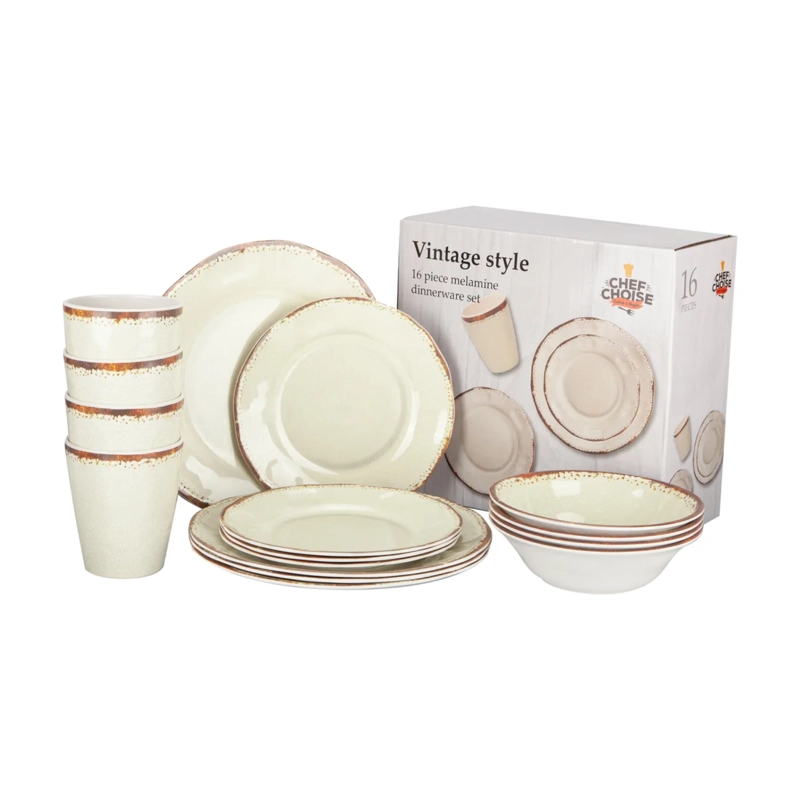 SET LOZA 16 PIEZAS PLATOS VASOS MELAMINA CREMA - 3