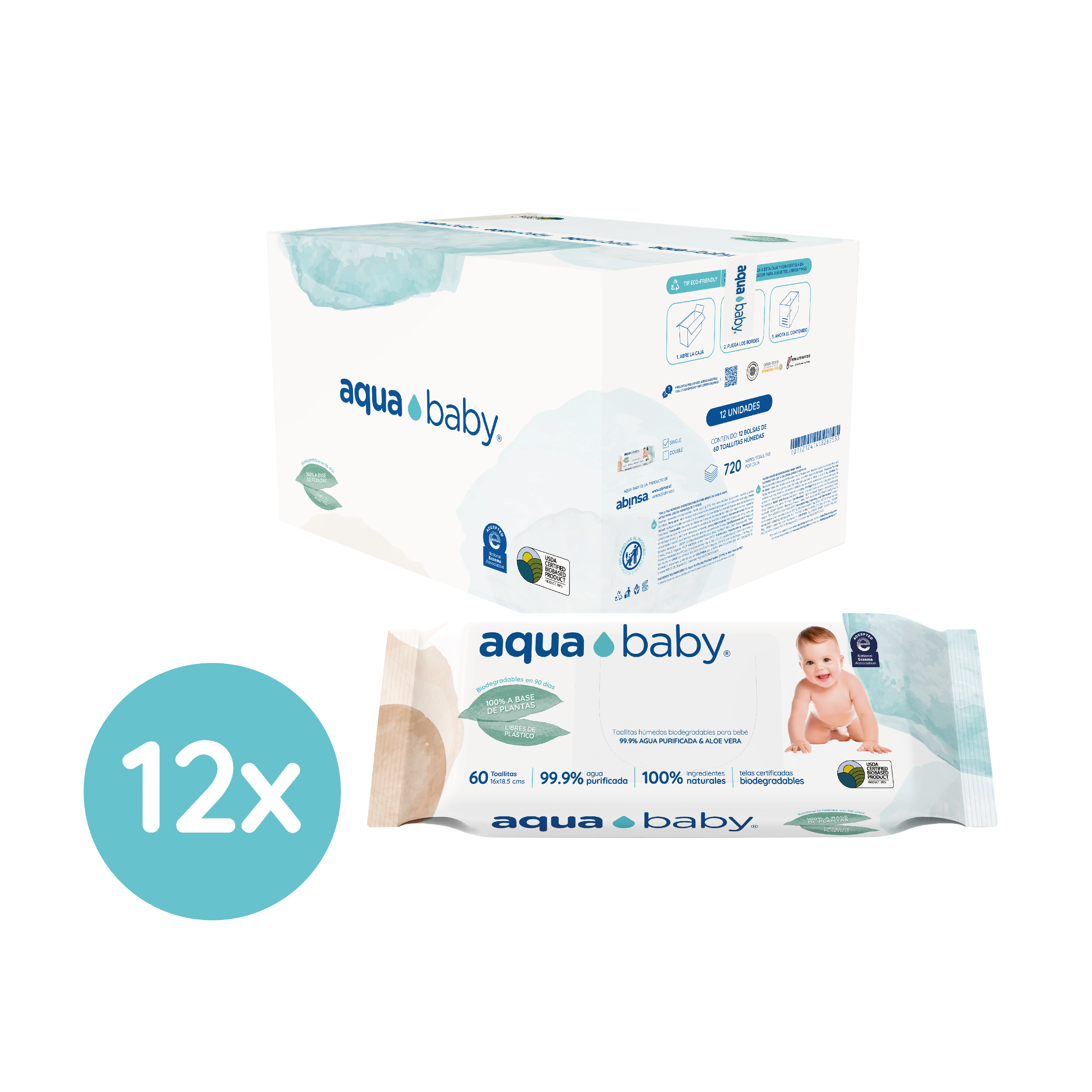 CAJA 12 TOALLITAS HÚMEDAS BIODEGRADABLES AQUA BABY 60 UNIDADES - 1