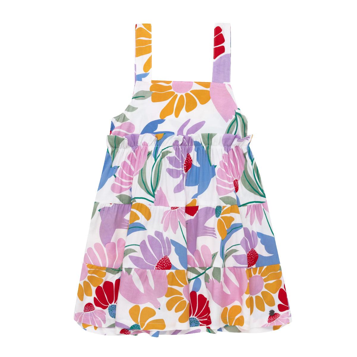 VESTIDO ALGODON NIÑA OFFCORSS CAFE FLORES COLORIDAS MANGA SISA RECOGIDO BEBE - 1