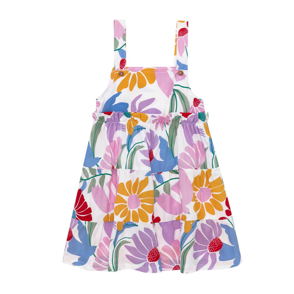 VESTIDO ALGODON NIÑA OFFCORSS CAFE FLORES COLORIDAS MANGA SISA RECOGIDO BEBE - 2