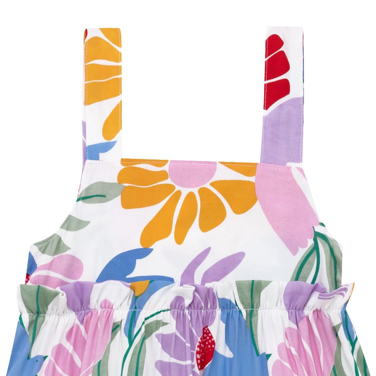 VESTIDO ALGODON NIÑA OFFCORSS CAFE FLORES COLORIDAS MANGA SISA RECOGIDO BEBE - 4