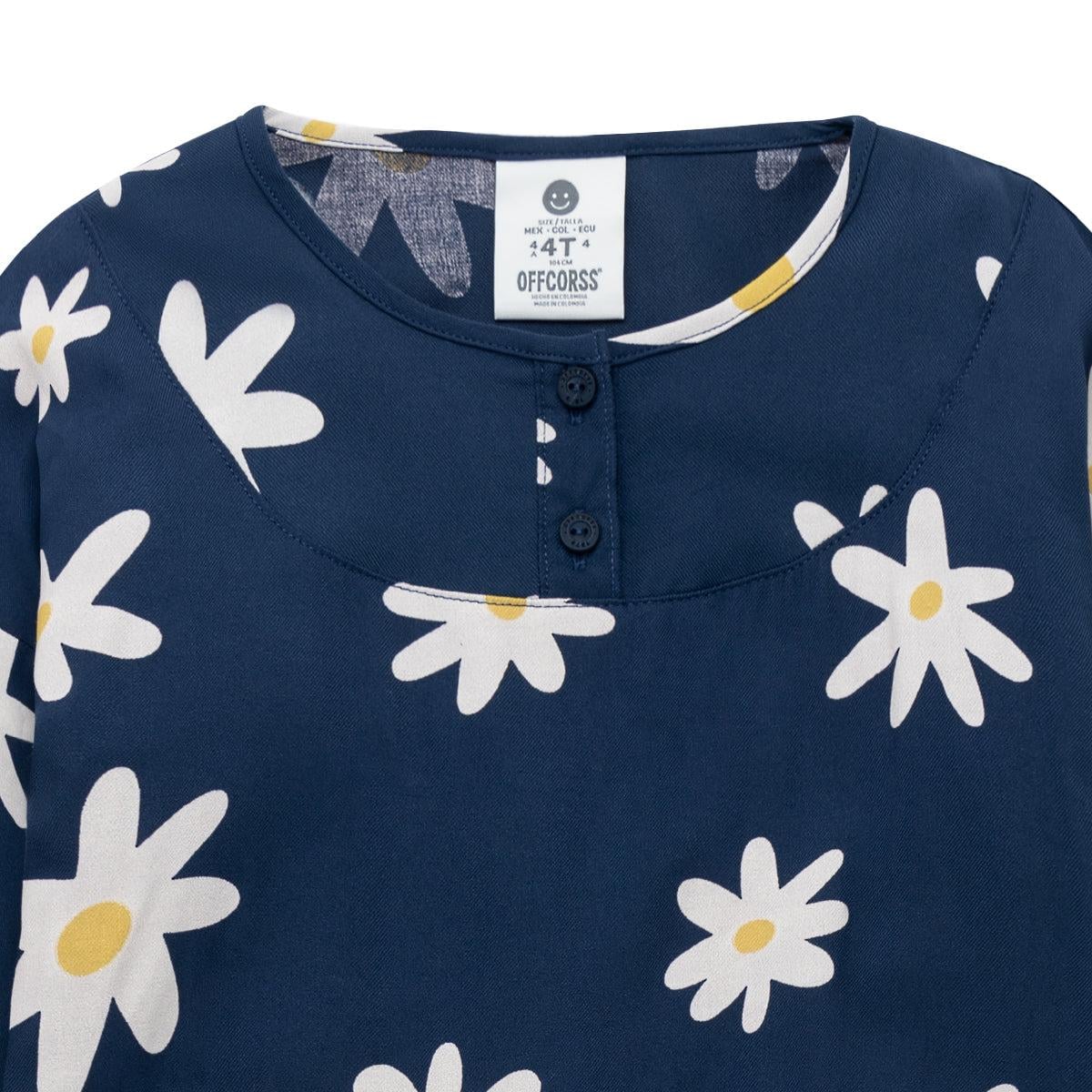 VESTIDO ALGODON NIÑA OFFCORSS AZUL MARGARITAS MANGA LARGA PUÑOS ELASTICO BEBE - 3