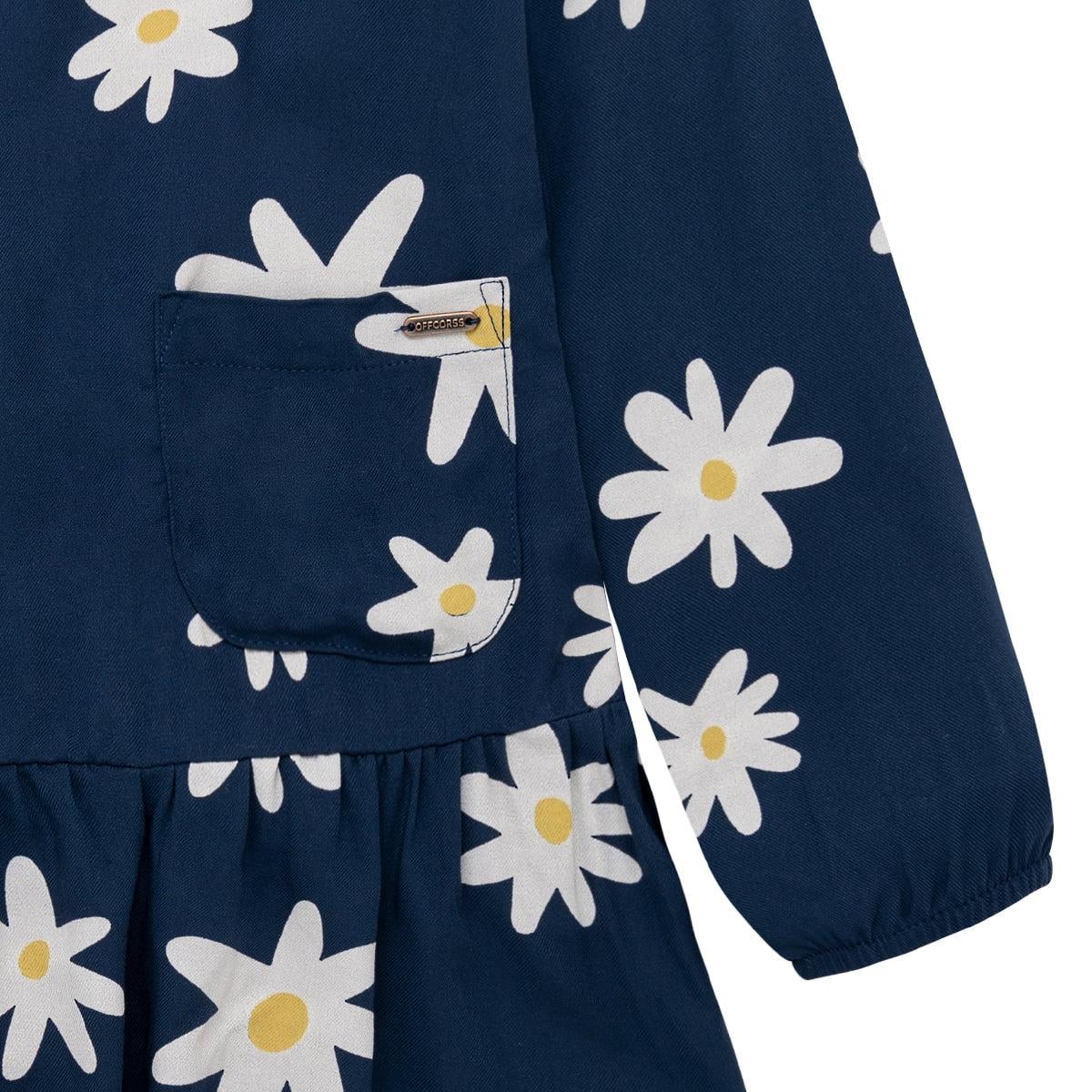 VESTIDO ALGODON NIÑA OFFCORSS AZUL MARGARITAS MANGA LARGA PUÑOS ELASTICO BEBE - 4