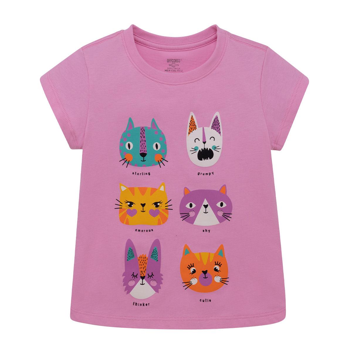 POLERA MANGA CORTA ALGODÓN NIÑA OFFCORSS ROSA GATITOS PARA BEBÉ - 1