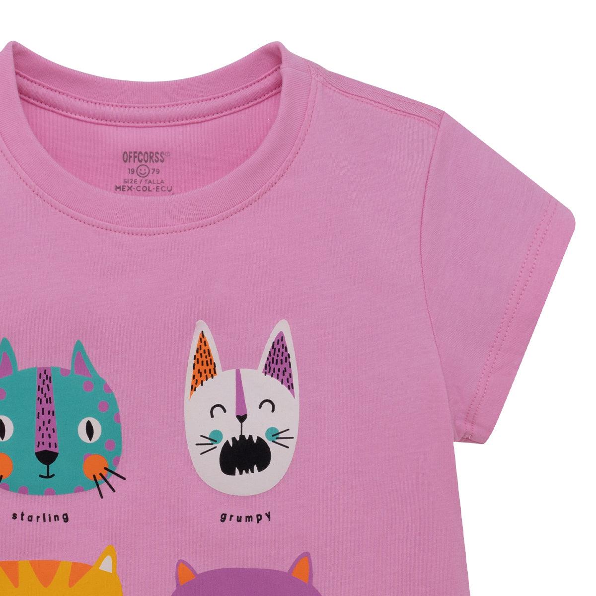 POLERA MANGA CORTA ALGODÓN NIÑA OFFCORSS ROSA GATITOS PARA BEBÉ - 3
