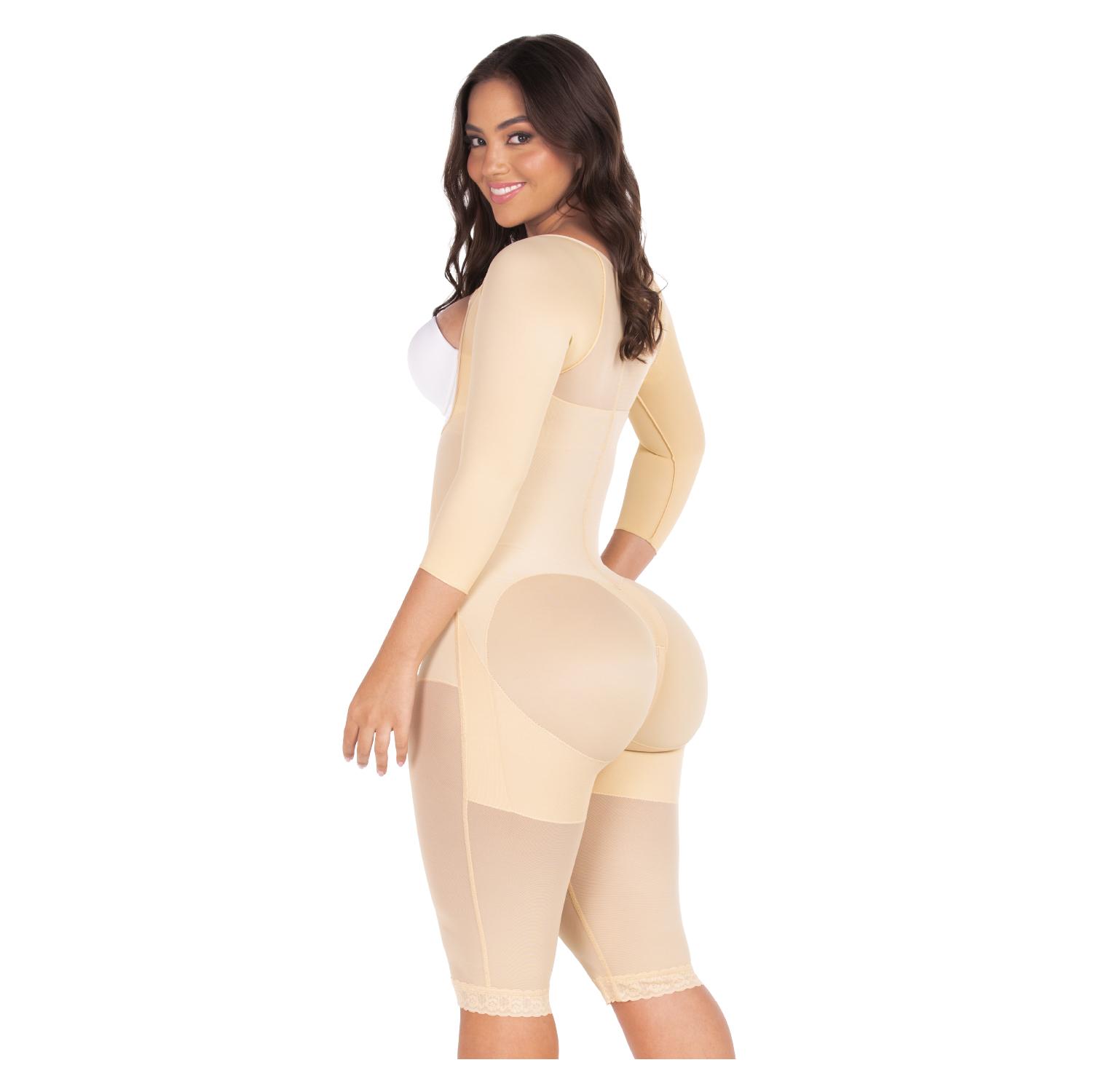 FAJA LARGA COLOMBIANA CON 4 HILERAS DE BROCHES Y MANGAS F-00474 MYD - BEIGE - 2XS - 2