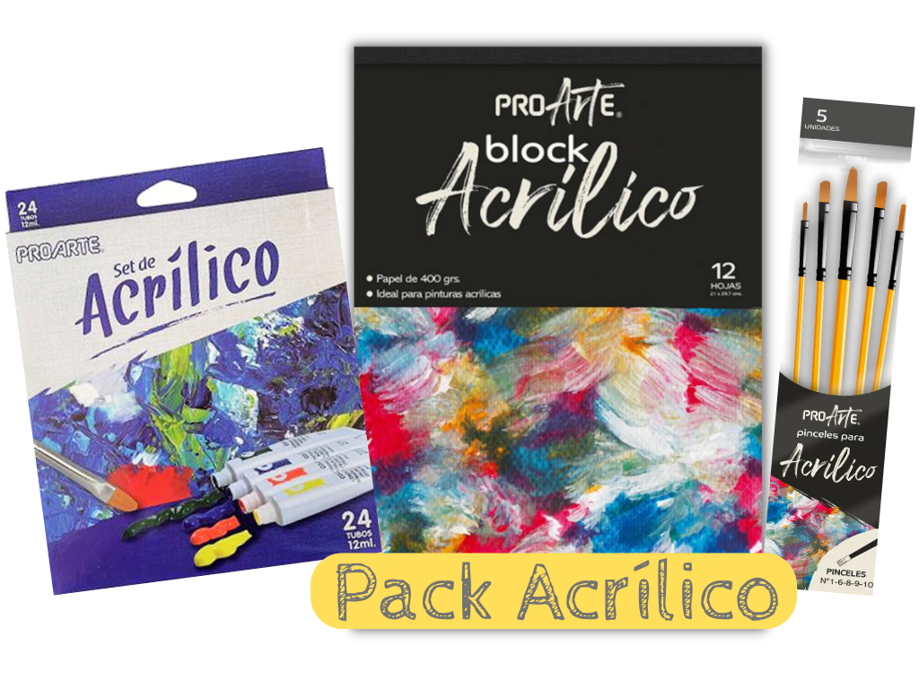 SUPER PACK ACUARELA PROARTE ACRÍLICO 24 TUBOS 5 PINCELES Y 1 BLOCK DE 12 HOJAS - 1