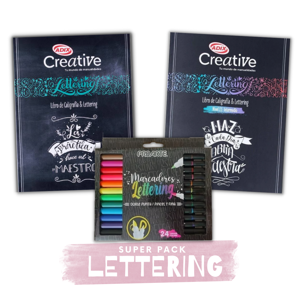 PACK PROARTE LIBRO CALIGRA Y LETTERING I Y II MÁS 24 MARCA. DOBLE PUNTA LETTERING - 1