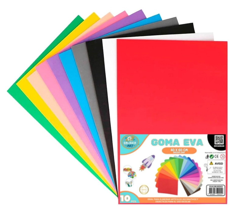 10 PLIEGOS GOMA EVA LISA 2MM 60X40CM COLORES VARIADOS GALAXIA ART - 1