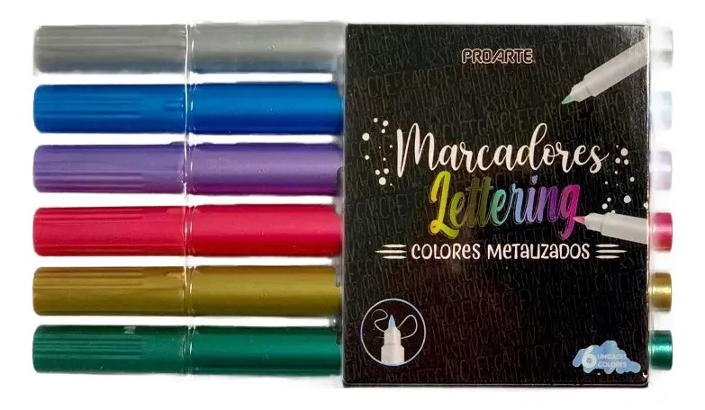 MARCADORES LETTERING COLORES METALIZADOS 6 UNIDADES PROARTE - 1