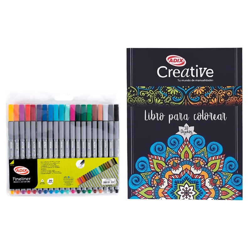 SET 20 MARCADORES FINELINER + LIBRO PARA COLOREAR ADIX - 1