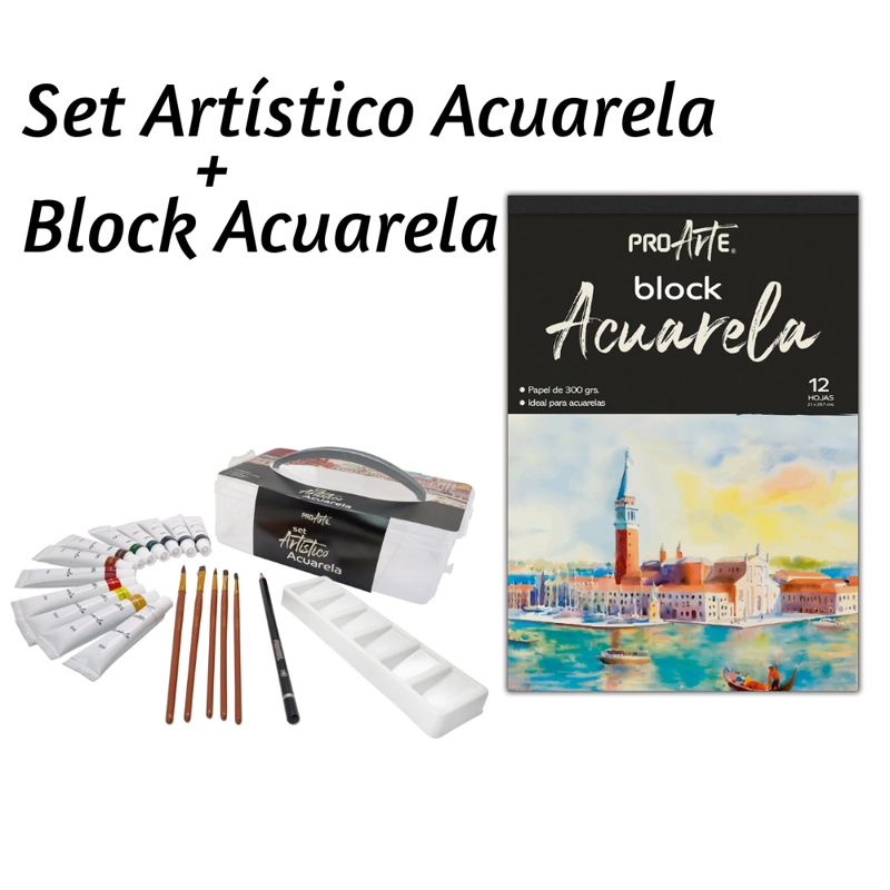 SET ARTISTICO ACUARELA 12 COLORES + BLOCK ACUARELA PROARTE - 1