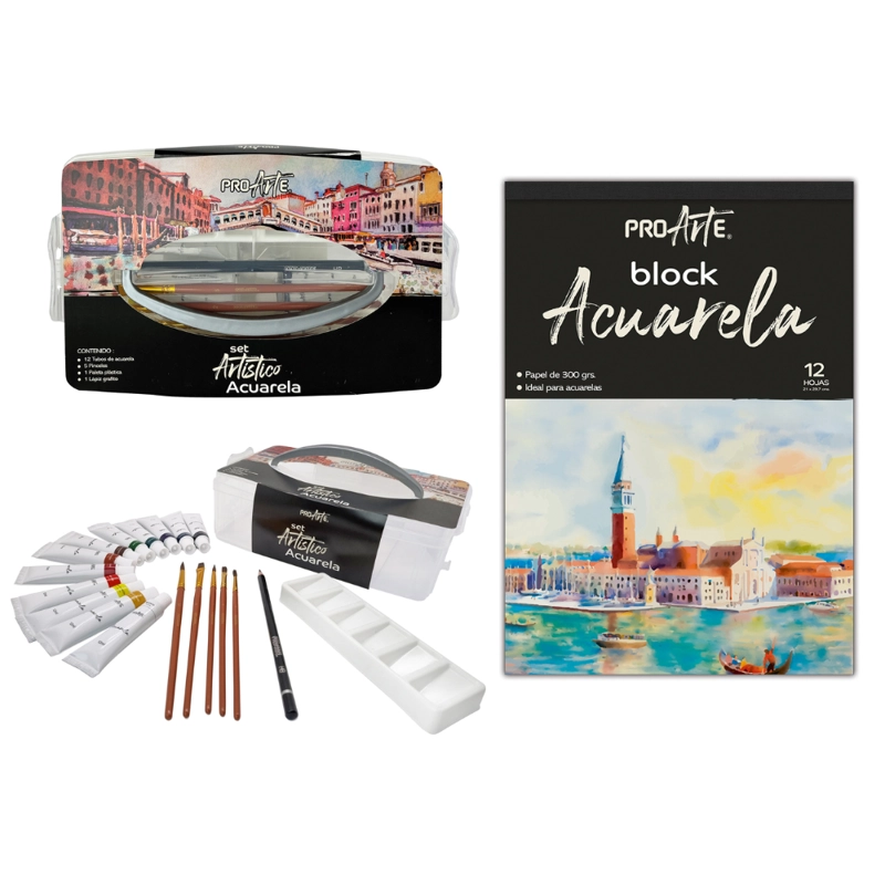 SET ARTISTICO ACUARELA 12 COLORES + BLOCK ACUARELA PROARTE - 2