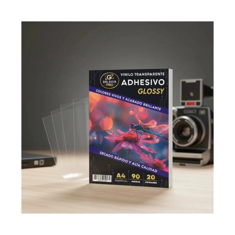 VINILO ADHESIVO TRANSPARENTE IMPRIMIBLE A4 90 MICRAS 20 HOJAS GALAXIA PRO - 3