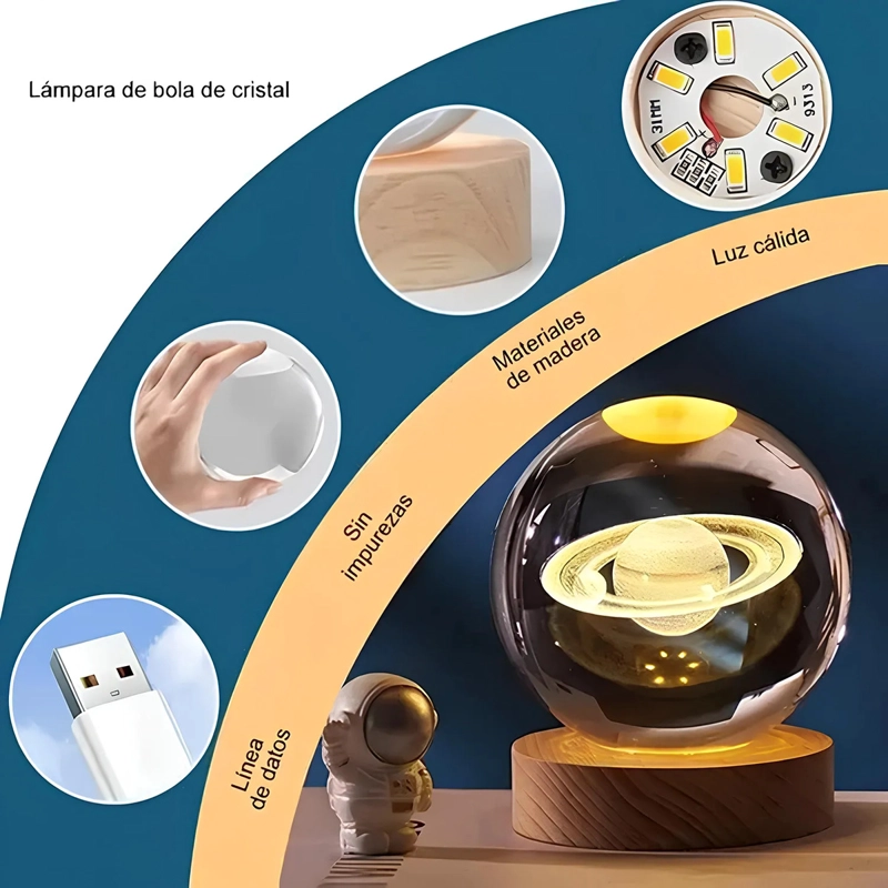 LÁMPARA BOLA DE CRISTAL 3D LED USB SISTEMA SOLAR - 3