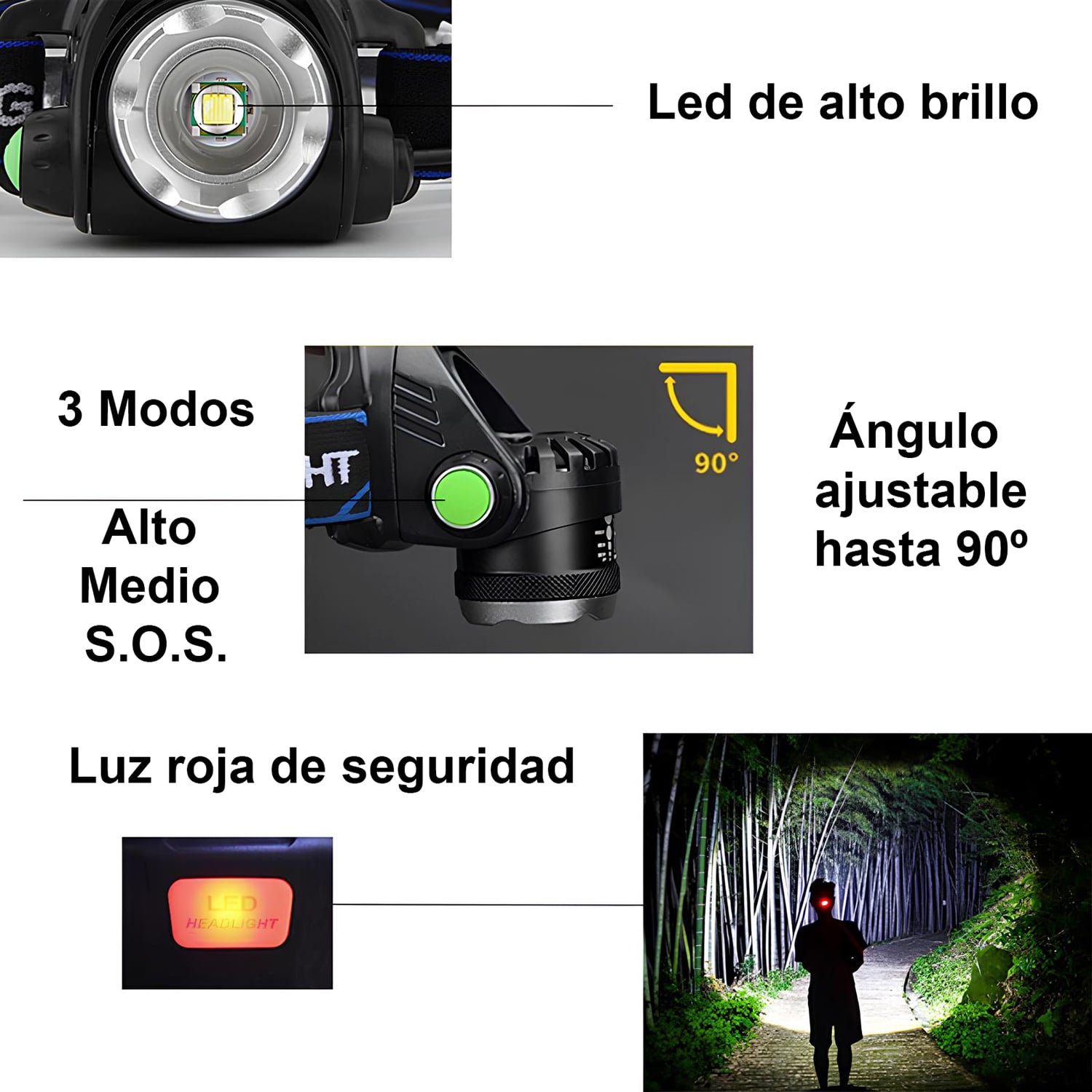 LINTERNA FRONTAL CABEZA LED CINTILLO MINERO CAZA RECARGABLE - 3