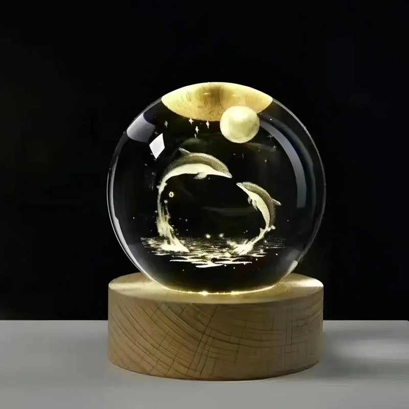 LÁMPARA BOLA DE CRISTAL 3D LED USB DELFINES - 1