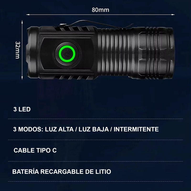 MINI LINTERNA LED TACTICA DE MANO RECARGABLE USB TIPO C - BLANCO - NEGRO - 3