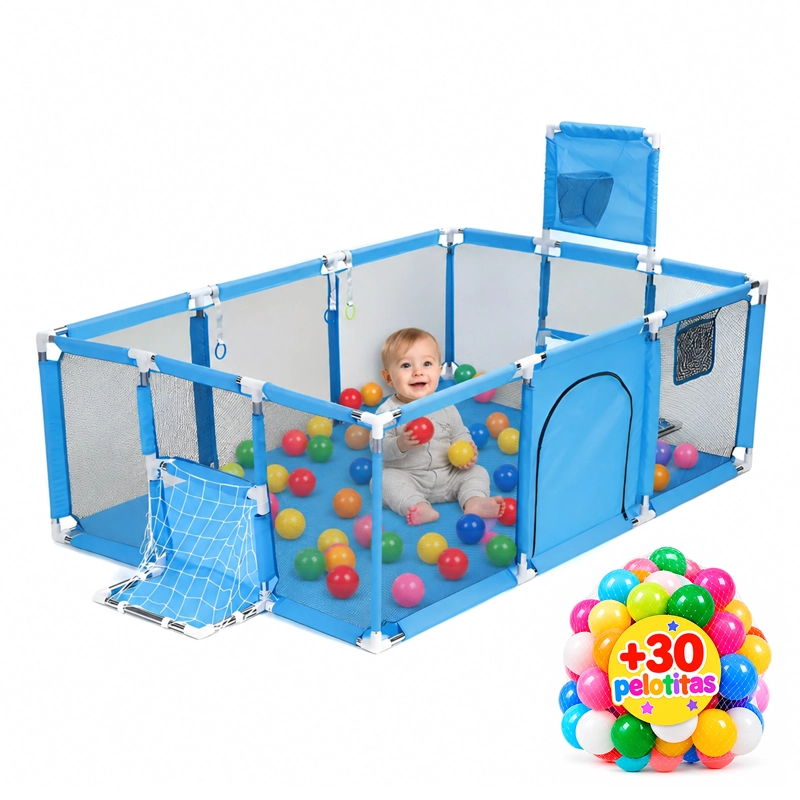 CORRAL SEGURIDAD MUNDO ONLINE ELITE-2101 CELESTE BEBES ARO BASKET 180CM + PELOTITAS - 1