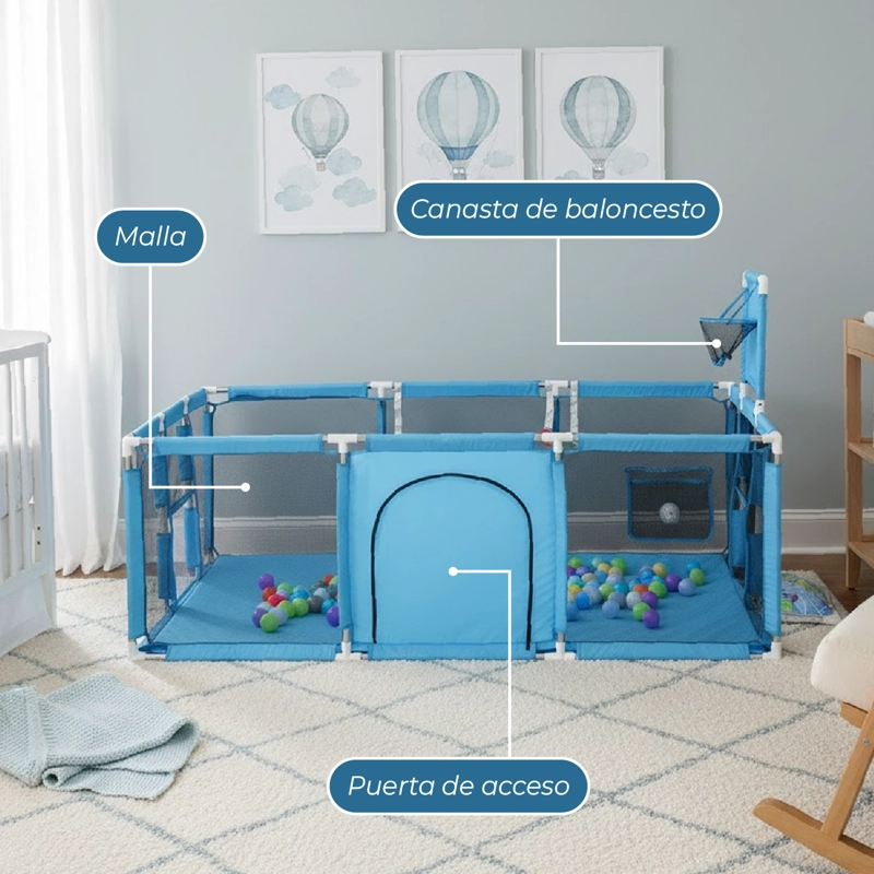 CORRAL SEGURIDAD MUNDO ONLINE ELITE-2101 CELESTE BEBES ARO BASKET 180CM + PELOTITAS - 5