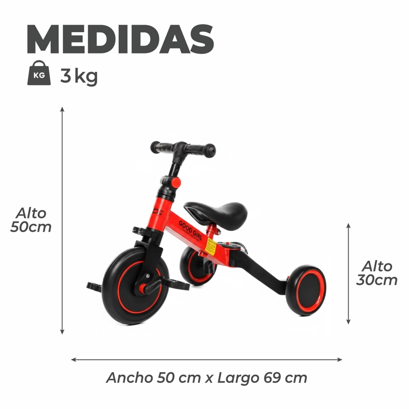TRICICLO CORREPASILLOS MUNDO ONLINE ROJO MULTIPOSICIONES 3 EN 1 - 3