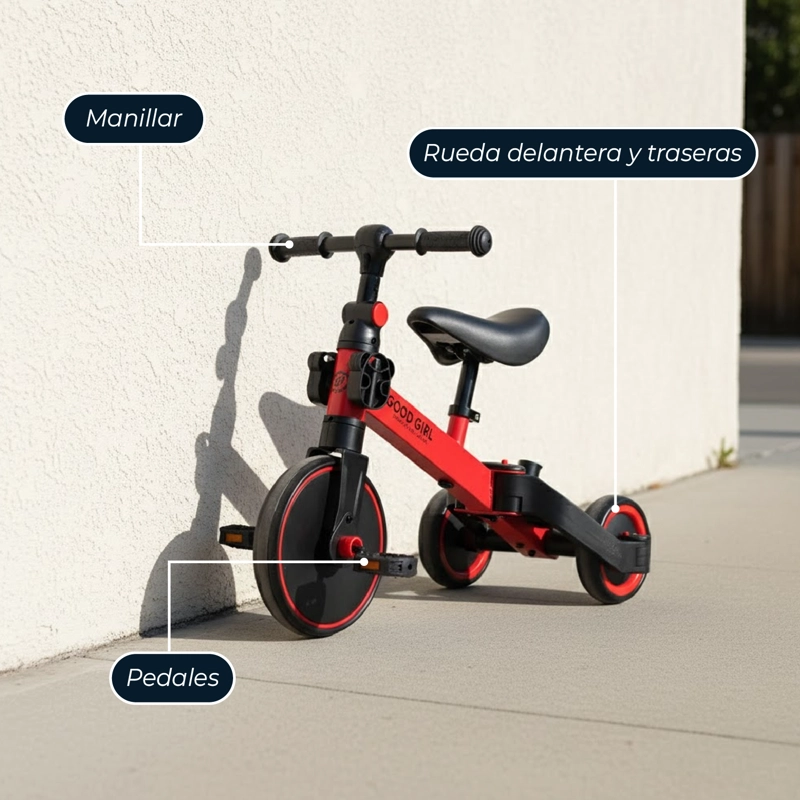TRICICLO CORREPASILLOS MUNDO ONLINE ROJO MULTIPOSICIONES 3 EN 1 - 6