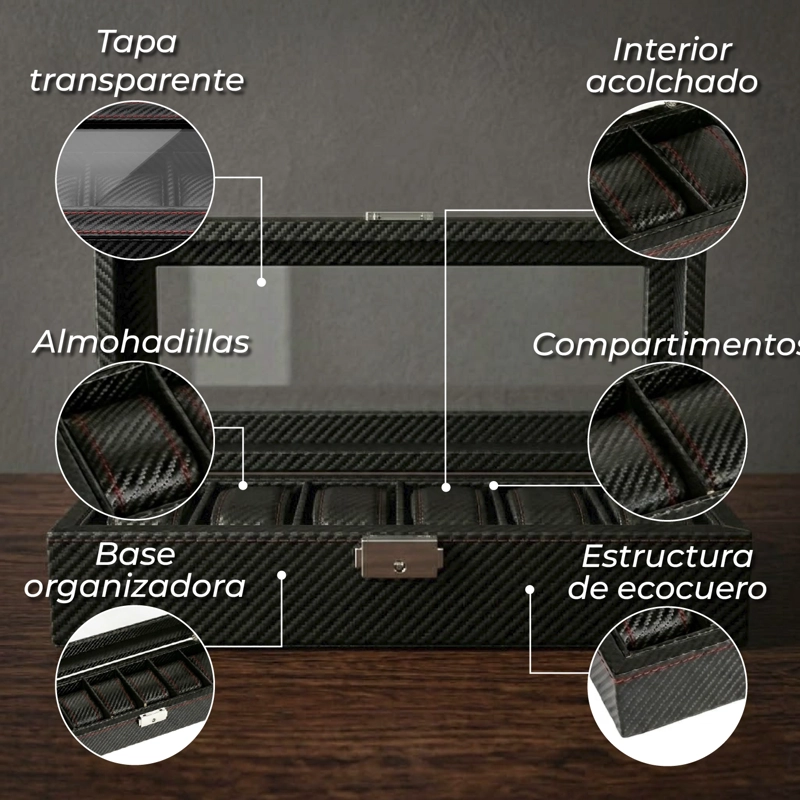 CAJA ESTUCHE ORGANIZADOR MUNDO ONLINE PARA 6 RELOJES BORDADO ELEGANTE - 6