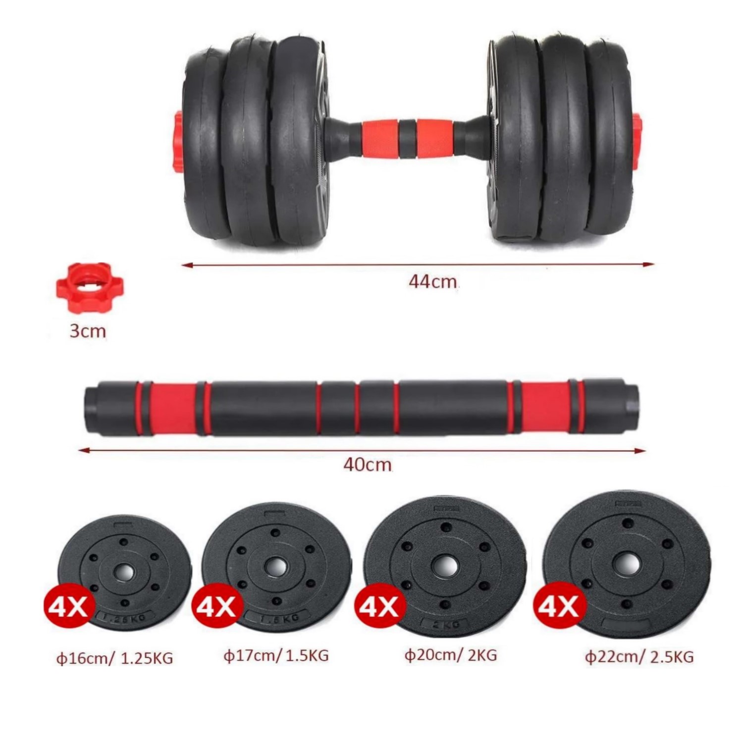 SET MANCUERNAS AJUSTABLES 30KG + UNION + BARRA - 3