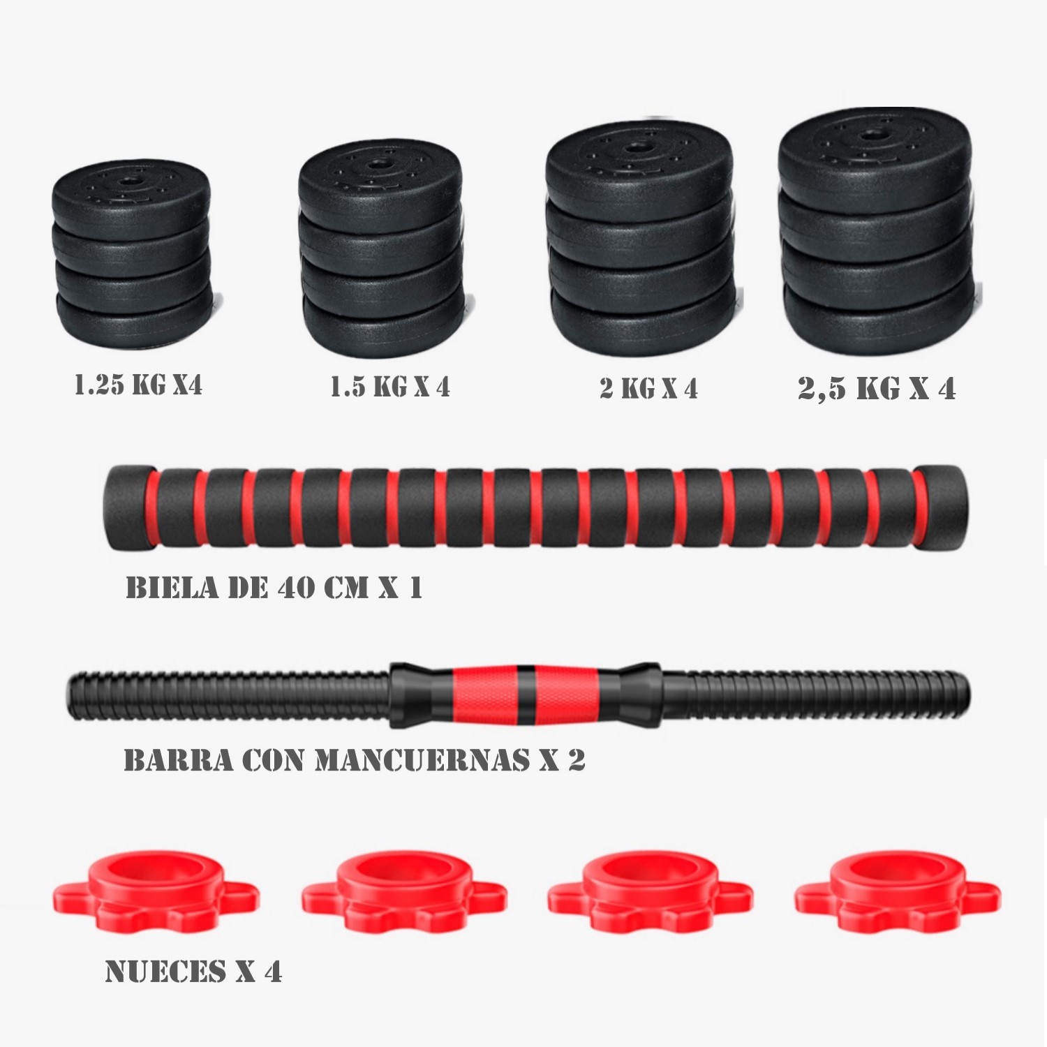 SET MANCUERNAS AJUSTABLES 30KG + UNION + BARRA - 5