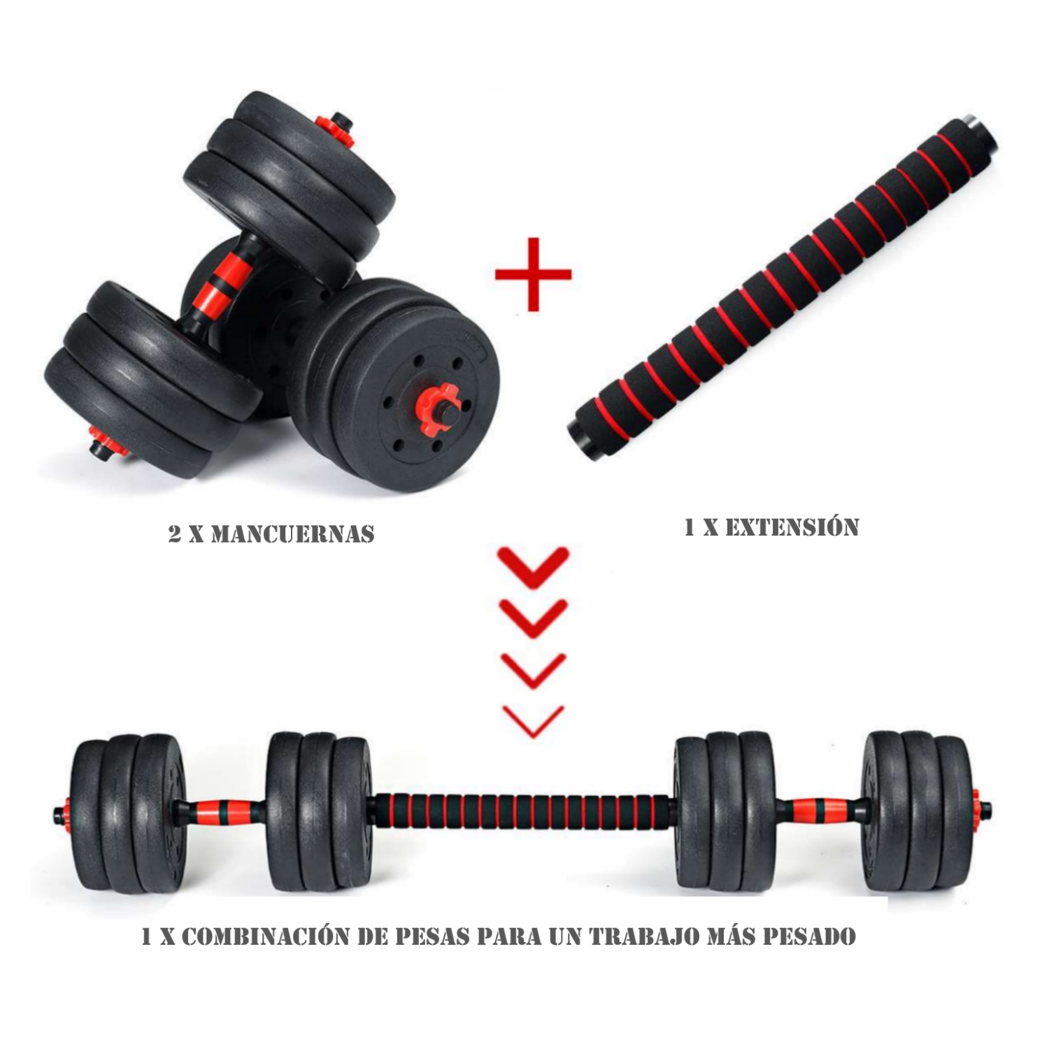 SET MANCUERNAS AJUSTABLES 30KG + UNION + BARRA - 6