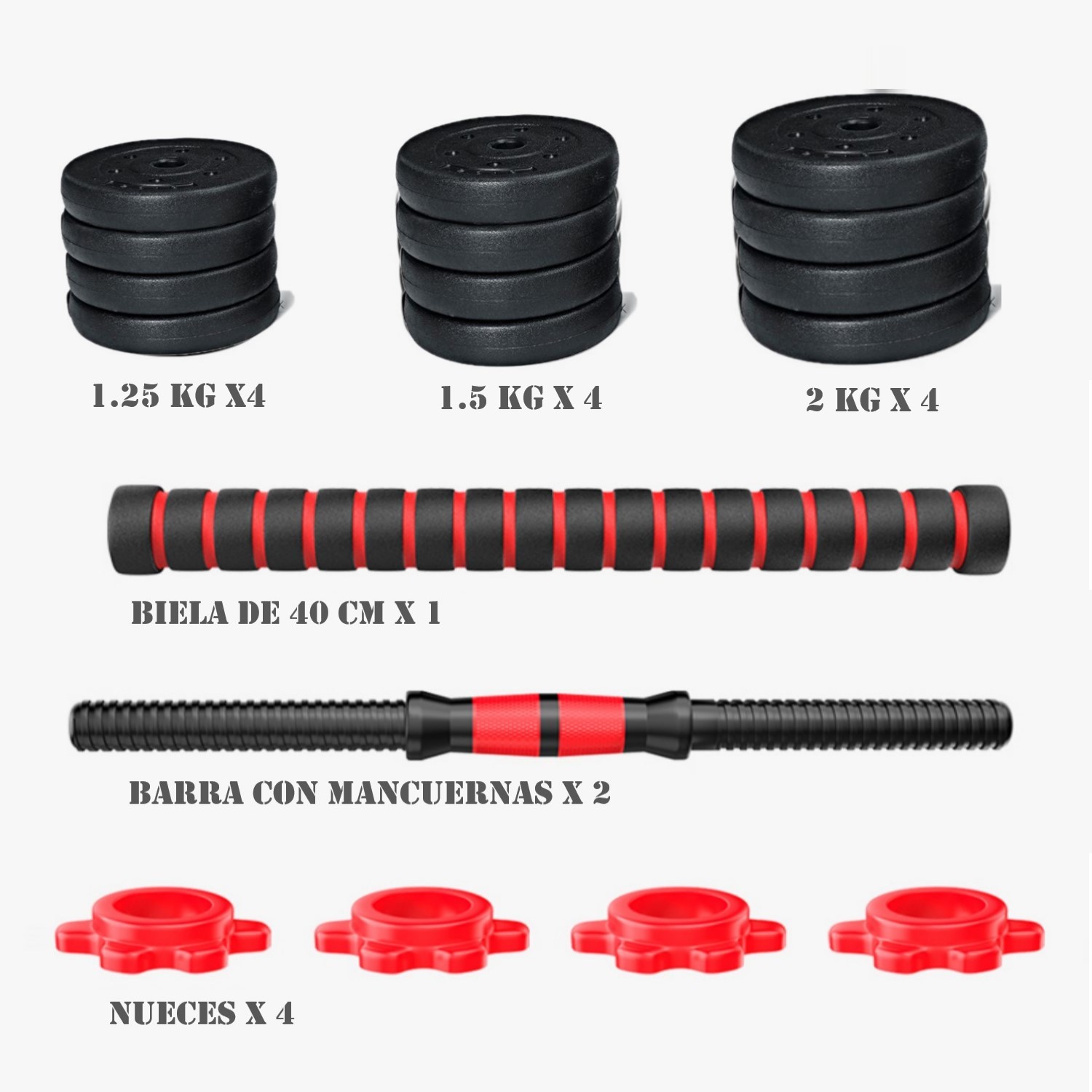 SET MANCUERNAS AJUSTABLES 20KG + UNION + BARRA - 5