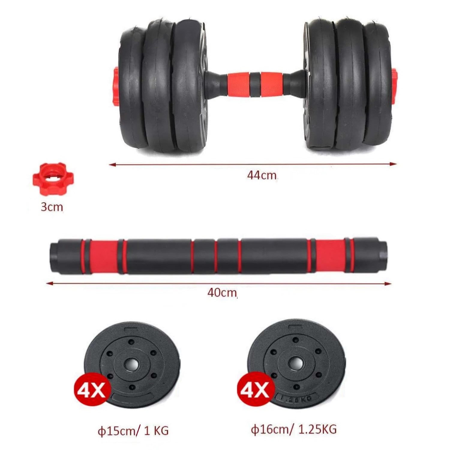 SET MANCUERNAS MUNDO ONLINE ACERO AJUSTABLES 10KG + UNION + BARRA - 3