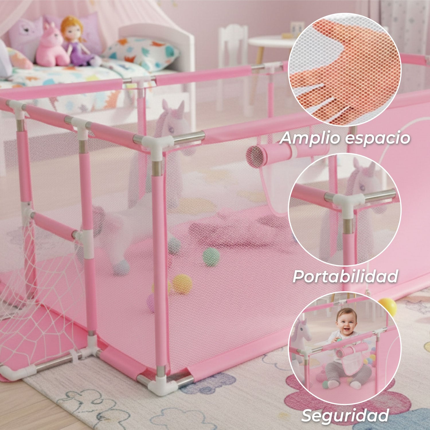 CORRAL SEGURIDAD MUNDO ONLINE LIFE-2225 ROSADO BEBE 180CM CON ARO Y ARCO - 4