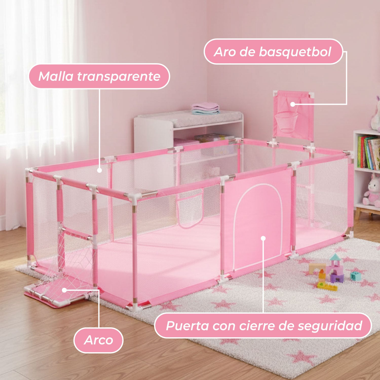 CORRAL SEGURIDAD MUNDO ONLINE LIFE-2225 ROSADO BEBE 180CM CON ARO Y ARCO - 6