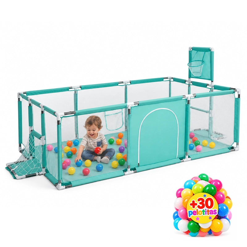 CORRAL SEGURIDAD MUNDO ONLINE LIFE-2224 ACERO INOXIDABLE TURQUESA BEBE 180CM CON ARO Y ARCO - 1