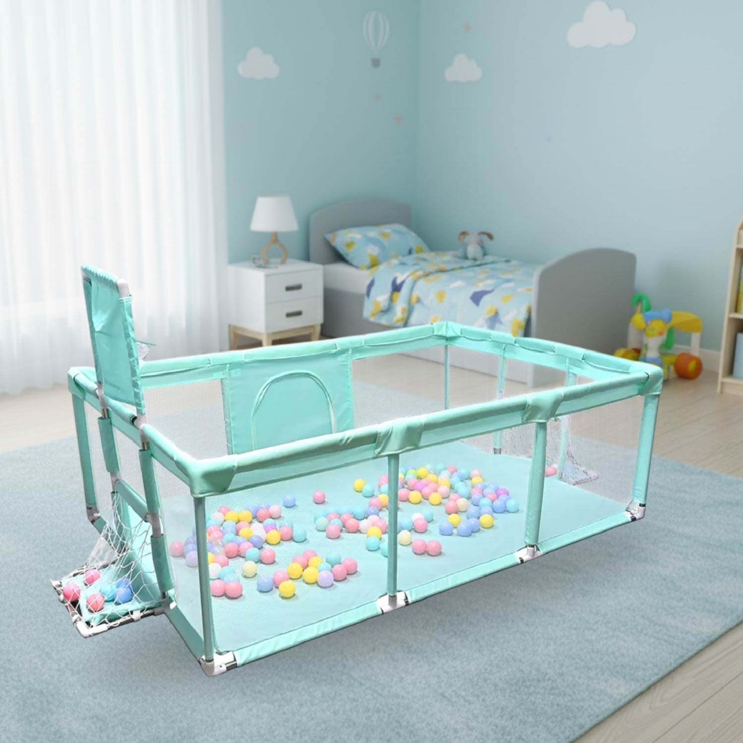CORRAL SEGURIDAD MUNDO ONLINE LIFE-2224 ACERO INOXIDABLE TURQUESA BEBE 180CM CON ARO Y ARCO - 2