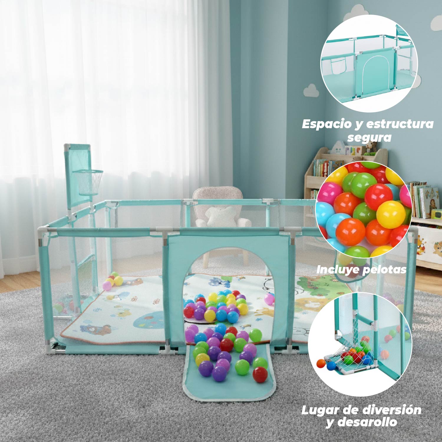 CORRAL SEGURIDAD MUNDO ONLINE LIFE-2224 ACERO INOXIDABLE TURQUESA BEBE 180CM CON ARO Y ARCO - 4