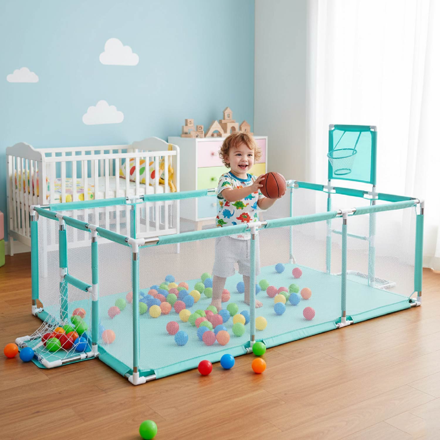 CORRAL SEGURIDAD MUNDO ONLINE LIFE-2224 ACERO INOXIDABLE TURQUESA BEBE 180CM CON ARO Y ARCO - 5