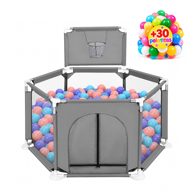 CORRAL MUNDO ONLINE LIFE-2217 GRIS HEXAGONAL SEGURIDAD BEBE ARO BASKETBALL Y PELOTITAS - 1