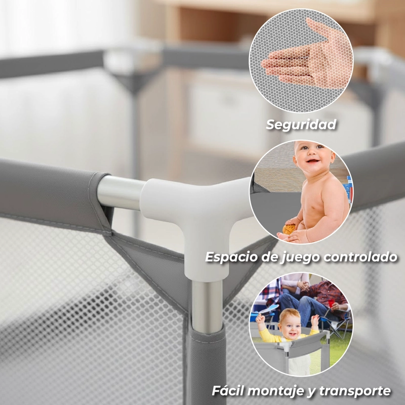 CORRAL MUNDO ONLINE LIFE-2217 GRIS HEXAGONAL SEGURIDAD BEBE ARO BASKETBALL Y PELOTITAS - 3