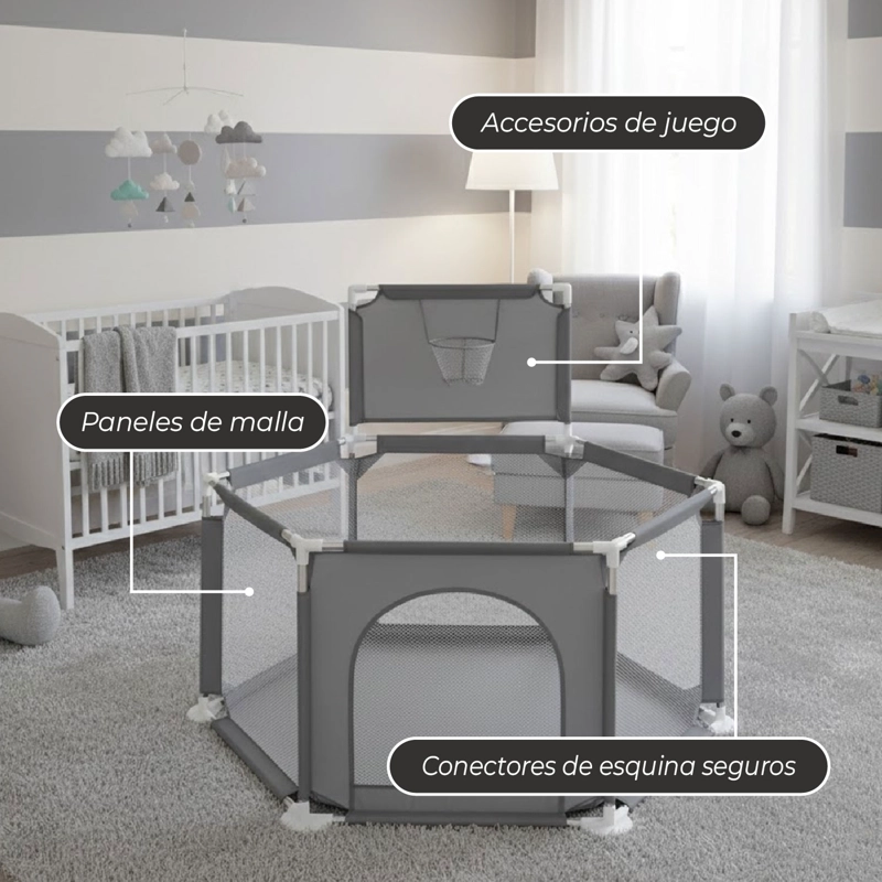 CORRAL MUNDO ONLINE LIFE-2217 GRIS HEXAGONAL SEGURIDAD BEBE ARO BASKETBALL Y PELOTITAS - 4