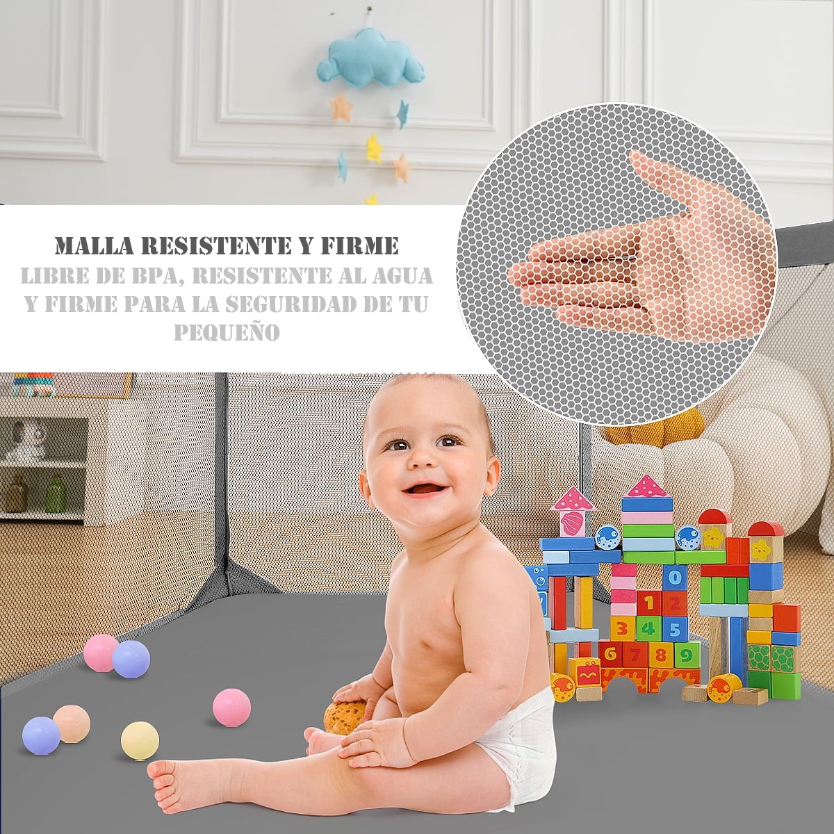CORRAL MUNDO ONLINE LIFE-2217 GRIS HEXAGONAL SEGURIDAD BEBE ARO BASKETBALL Y PELOTITAS - 4