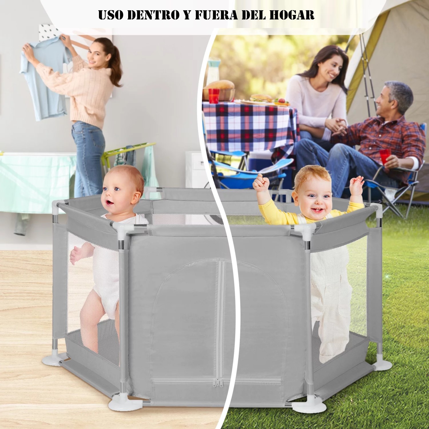 CORRAL MUNDO ONLINE LIFE-2217 GRIS HEXAGONAL SEGURIDAD BEBE ARO BASKETBALL Y PELOTITAS - 5