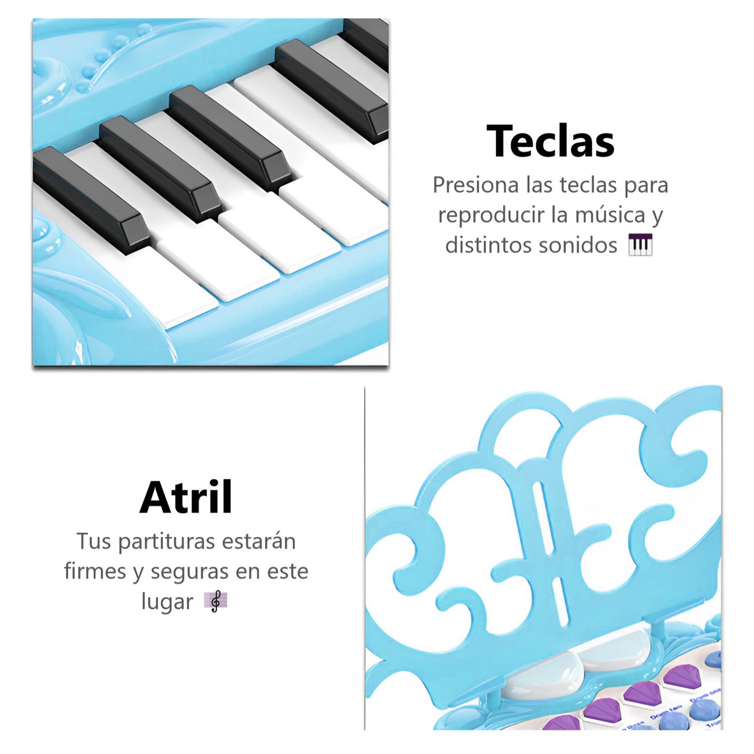 PIANO MUNDO ONLINE JUGUETE TECLADO INFANTIL CON MICRÓFONO Y TABURETE CELESTE - 5